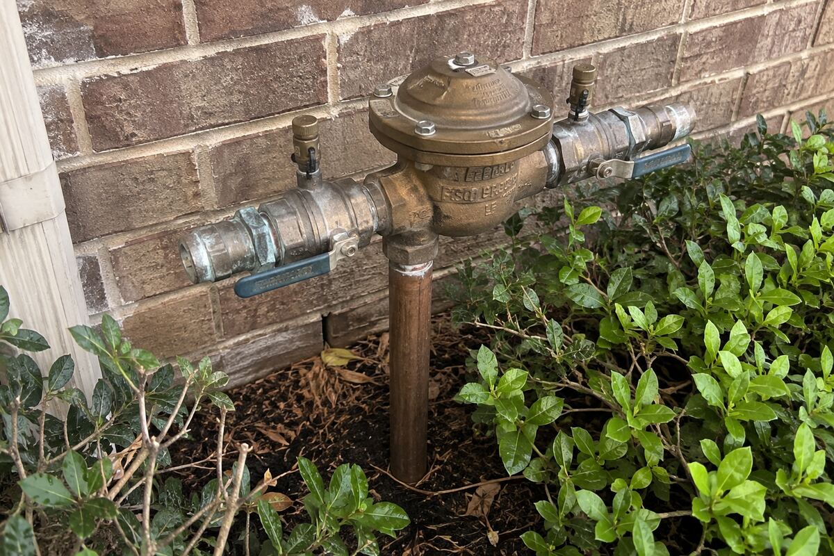 Brass irrigation backflow assembly on a riser beside a brick wall, with test cocks and shutoff handles visible