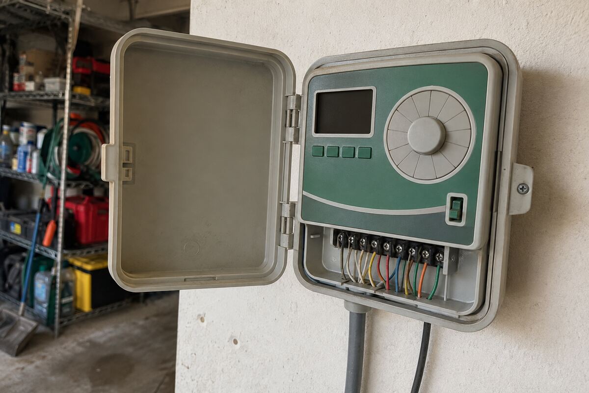 Wall-mounted irrigation controller in a garage with its door open, wiring terminals and a rain-sensor bypass switch visible