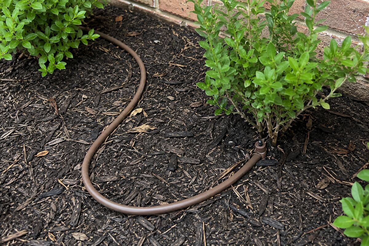 Brown drip tubing looped between shrubs in a mulched bed with a small emitter visible at the base of one plant