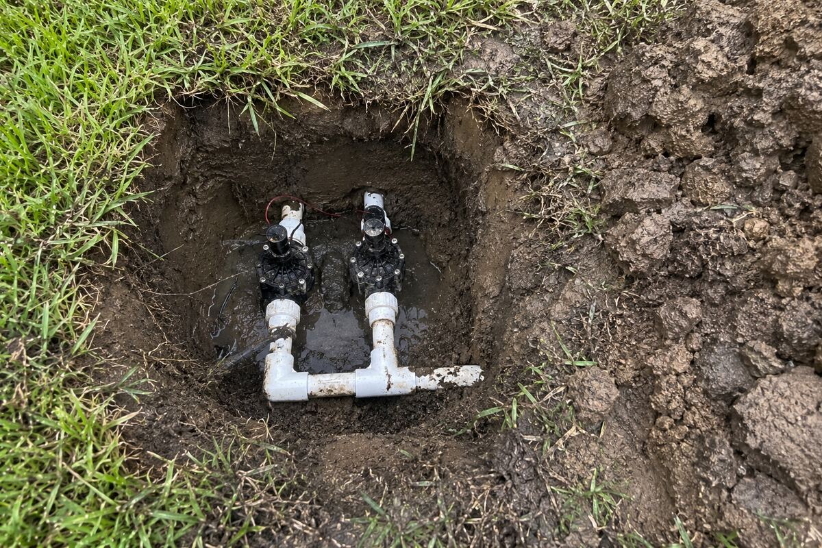 Excavated irrigation manifold showing white PVC pipe, threaded adapters and two valve bodies below grade