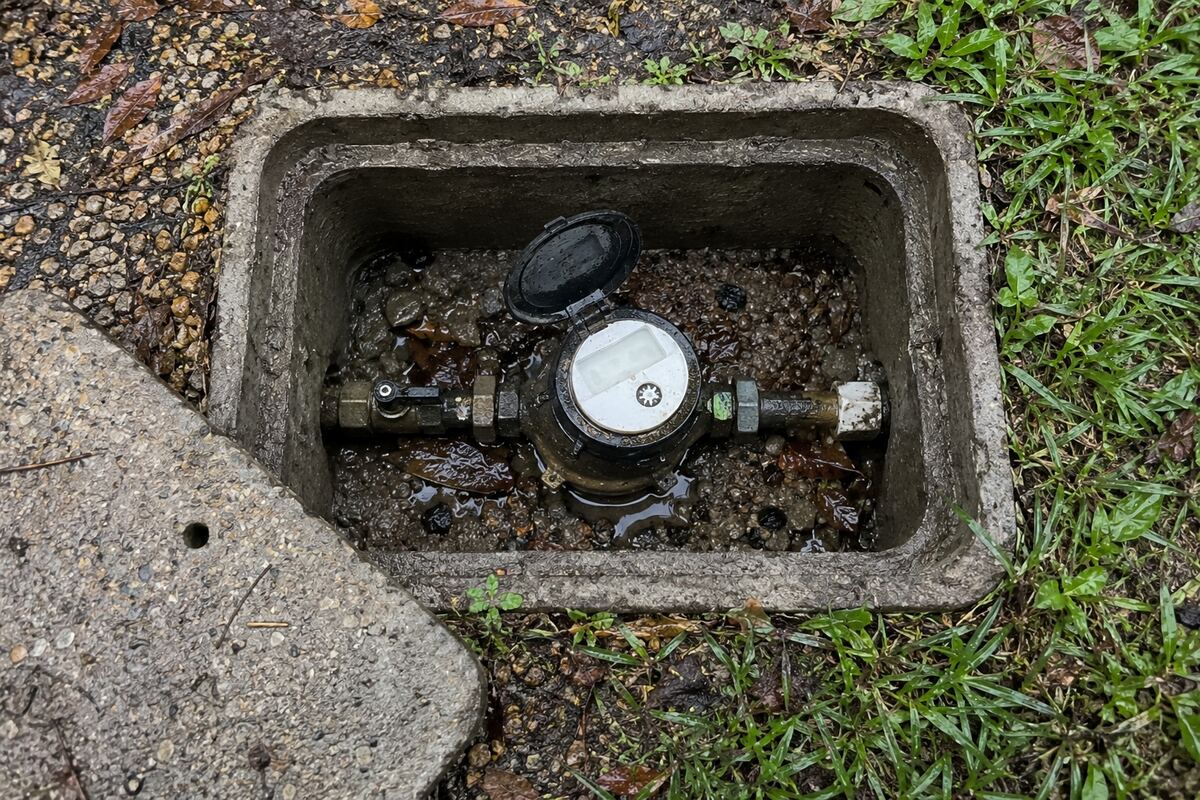 Open curbside water meter box with the register face and small low-flow indicator visible above damp gravel